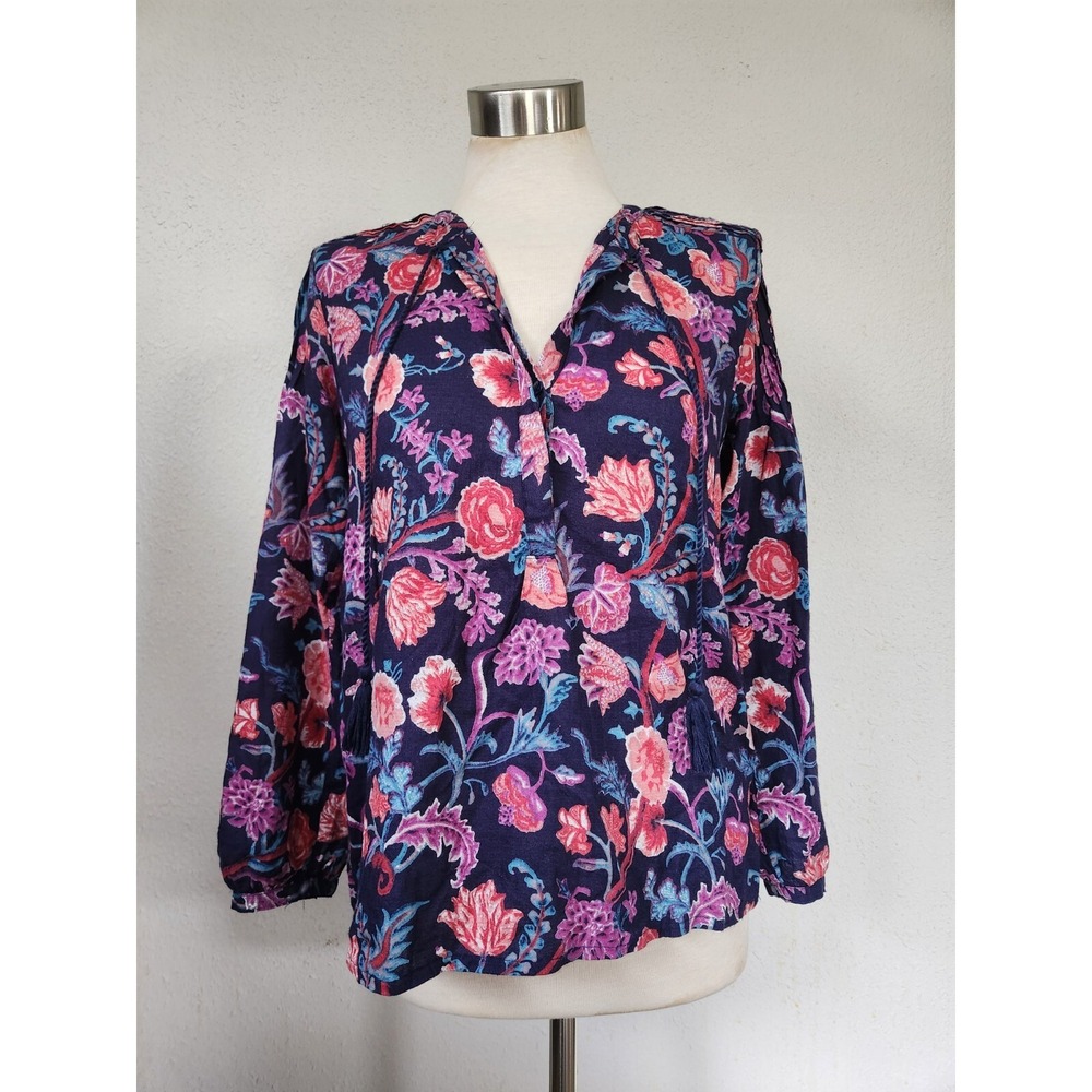 Lucky Brand Women's Floral Peasant Top Long Sleeve Tassel Blue Size Small